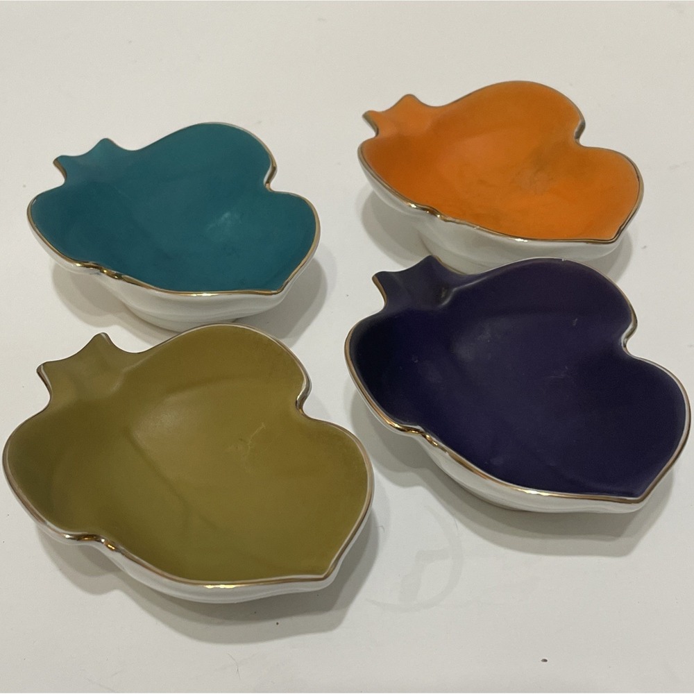 4 Gold Trimmed Coloured Leaf Shaped‎ Ceramic Bowls Trinket Condiments Japan